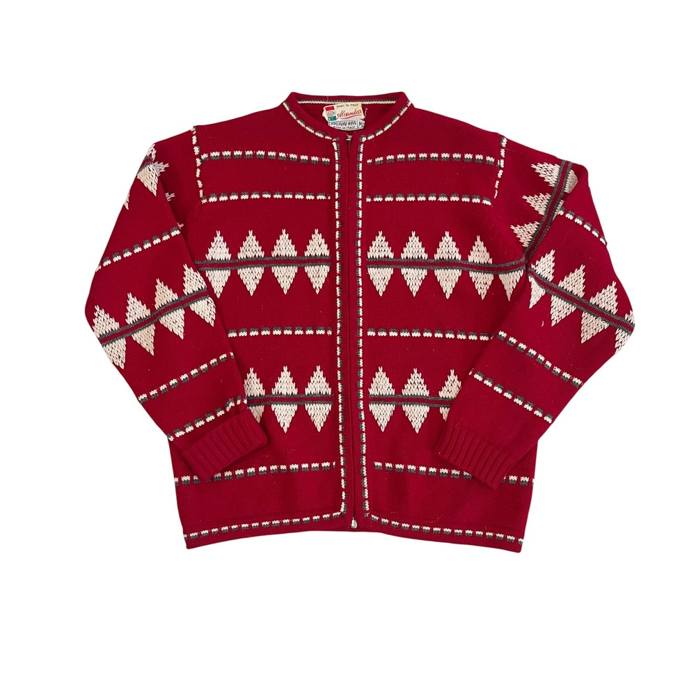 Vintage 70s Alexander's Red Nordic Fair Isle Wool Full Zip Sweater Italy MEDIUM
